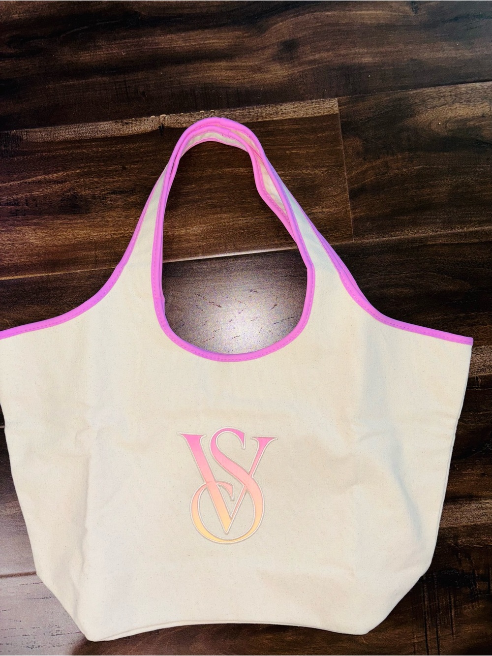 Victoria Secret Canvas Tote Bag with Pink Trim and Monogram Accent New